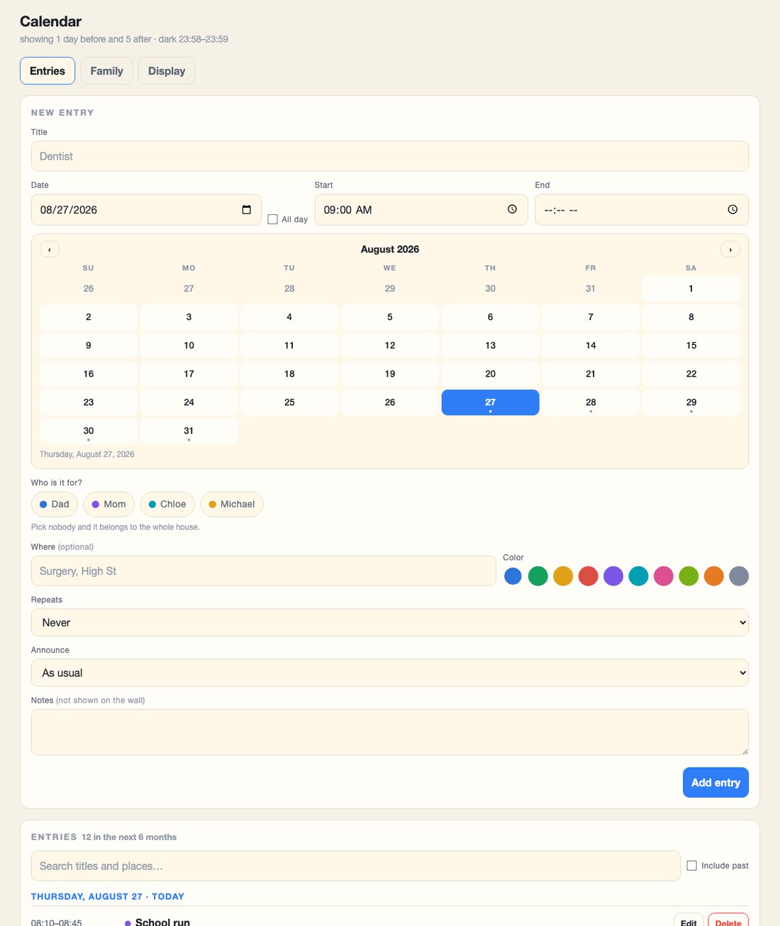 The settings page: display options, the look of the wall, the coast, and the voice.