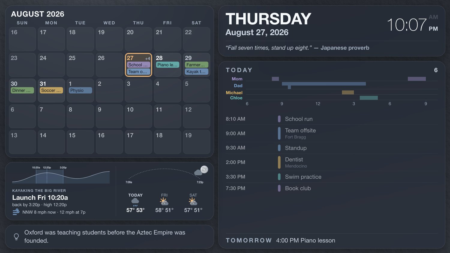 The same calendar in its dark theme, with frosted panels over a photograph.